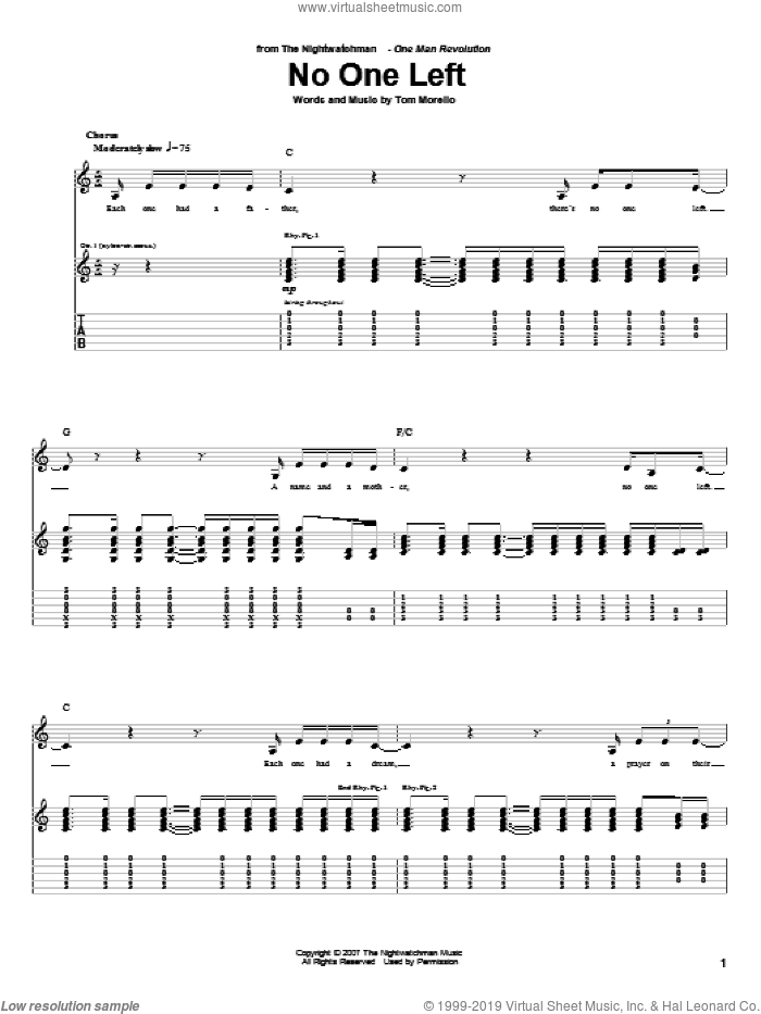 No One Left sheet music for guitar (tablature) by The Nightwatchman and Tom Morello, intermediate skill level