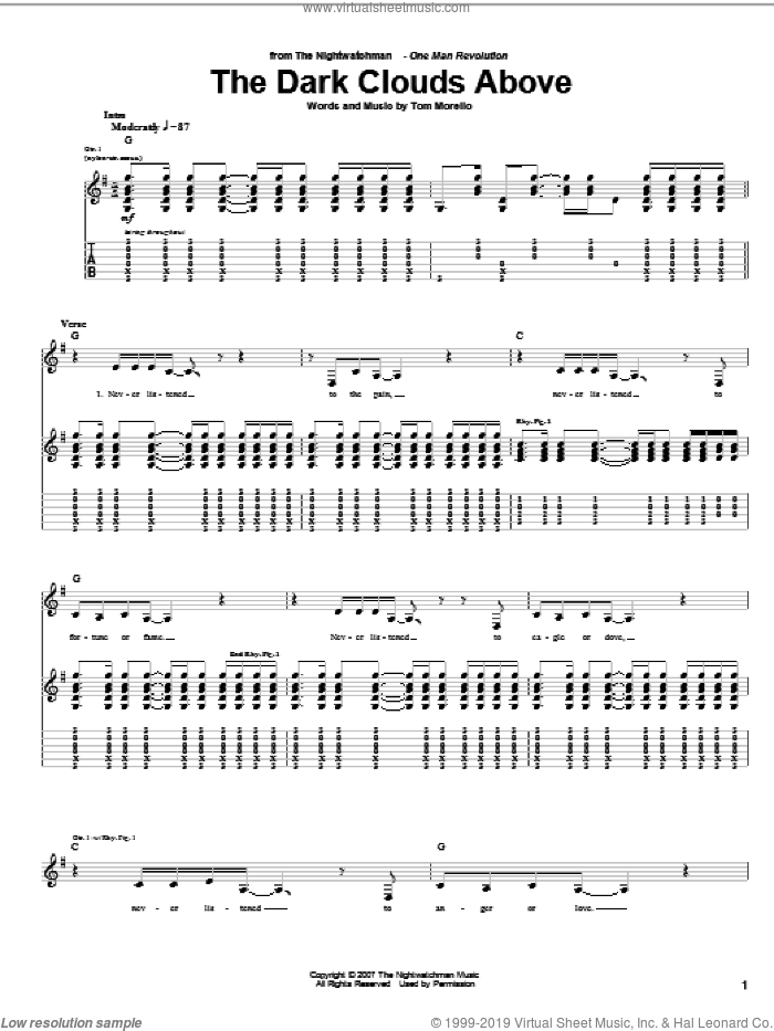 The Dark Clouds Above sheet music for guitar (tablature) by The Nightwatchman and Tom Morello, intermediate skill level