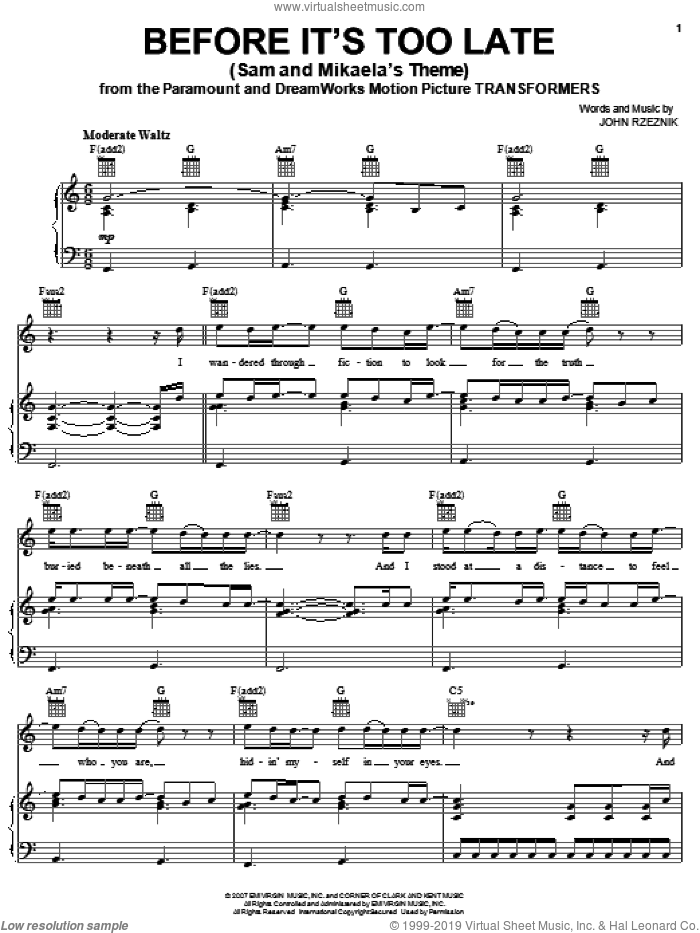 Before It's Too Late (Sam And Mikaela's Theme) sheet music for voice, piano or guitar by Goo Goo Dolls, Transformers (Movie) and John Rzeznik, intermediate skill level