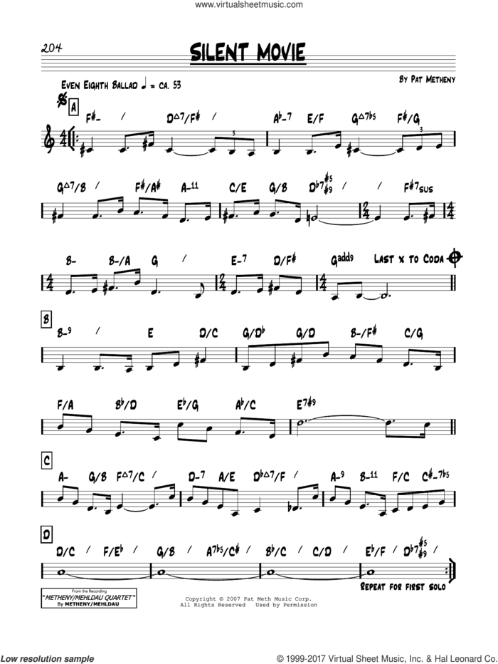Silent Movie sheet music for voice and other instruments (real book) by Pat Metheny, intermediate skill level