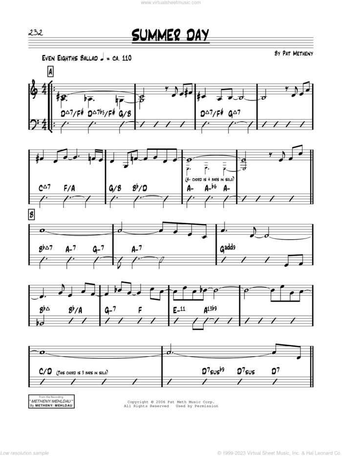 Summer Day sheet music for voice and other instruments (real book) by Pat Metheny, intermediate skill level