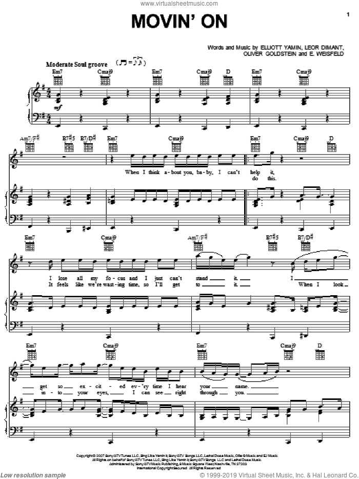 Movin' On sheet music for voice, piano or guitar by Elliott Yamin, E. Weisfeld, Leor Dimant and Oliver Goldstein, intermediate skill level