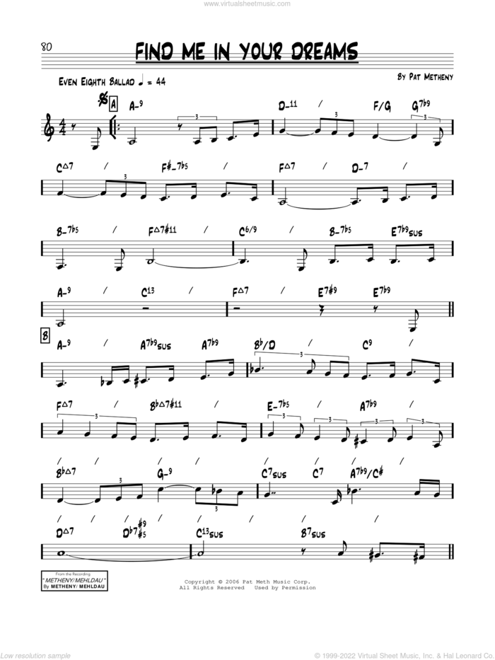 Find Me In Your Dreams sheet music for voice and other instruments (real book) by Pat Metheny, intermediate skill level