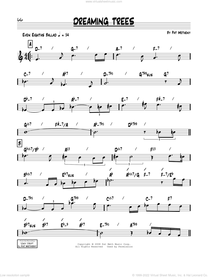 Dreaming Trees sheet music for voice and other instruments (real book) by Pat Metheny, intermediate skill level