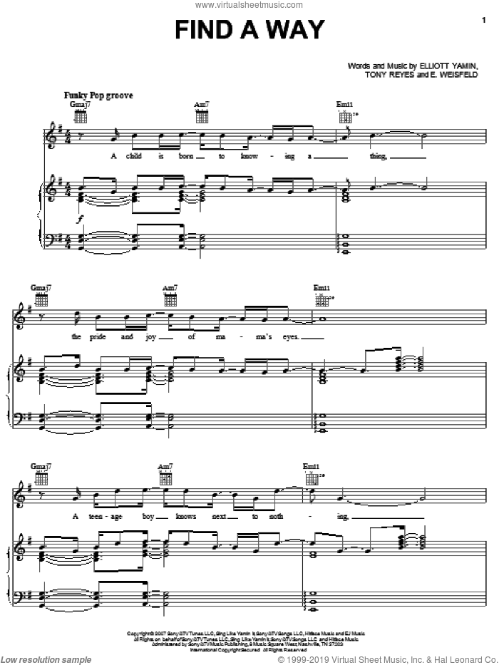 Find A Way sheet music for voice, piano or guitar by Elliott Yamin, E. Weisfeld and Tony Reyes, intermediate skill level