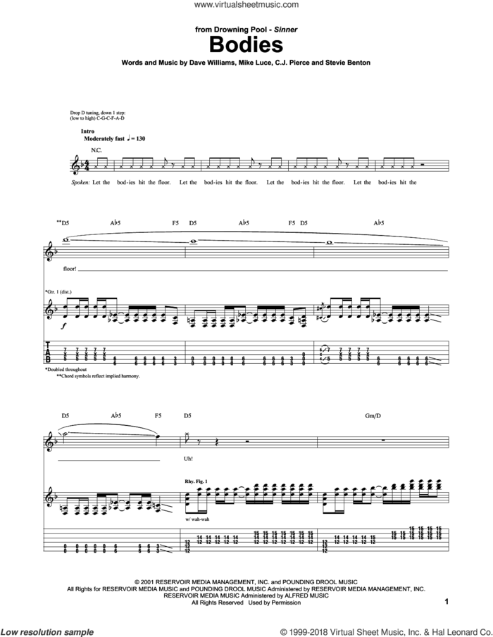 Bodies sheet music for guitar (tablature) by Drowning Pool, Catherine Pierce, Dave Williams, Mike Luce and Stevie Benton, intermediate skill level