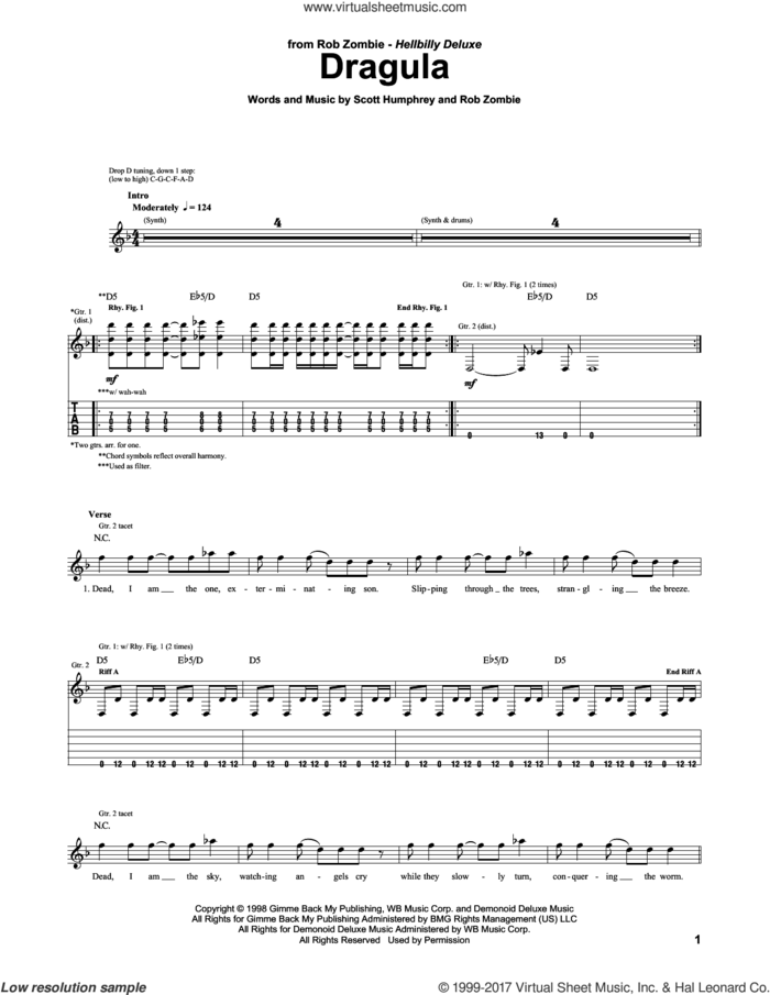 Dragula sheet music for guitar (tablature) by Rob Zombie, intermediate skill level