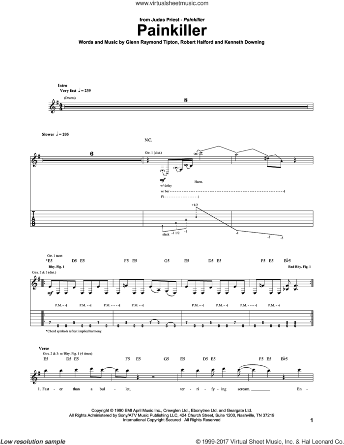 Painkiller sheet music for guitar (tablature) by Judas Priest, Glenn Raymond Tipton, Kenneth Downing and Rob Halford, intermediate skill level