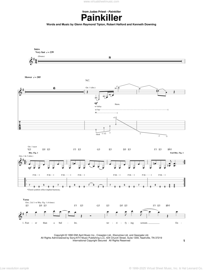 Painkiller sheet music for guitar (tablature) by Judas Priest, Glenn Raymond Tipton, Kenneth Downing and Rob Halford, intermediate skill level