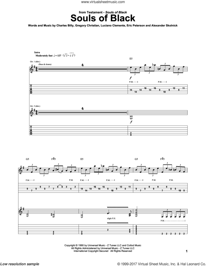 Souls Of Black sheet music for guitar (tablature) by Testament, Alexander Skolnick, Charles Billy, Eric Peterson, Gregory Christian and Luciano Clemente, intermediate skill level