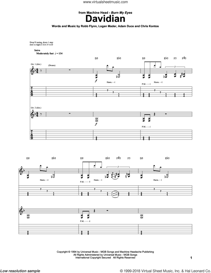 Davidian sheet music for guitar (tablature) by Machine Head, Adam Duce, Chris Kontos, Logan Mader and Robb Flynn, intermediate skill level