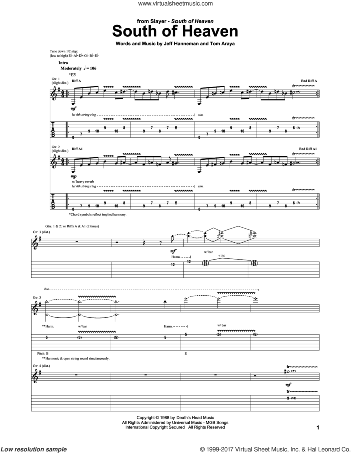 South Of Heaven sheet music for guitar (tablature) by Slayer, Jeff Hanneman and Tom Araya, intermediate skill level