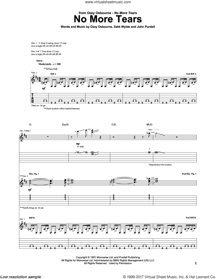 No More Tears sheet music for guitar (tablature) by Ozzy Osbourne, John Purdell and Zakk Wylde, intermediate skill level