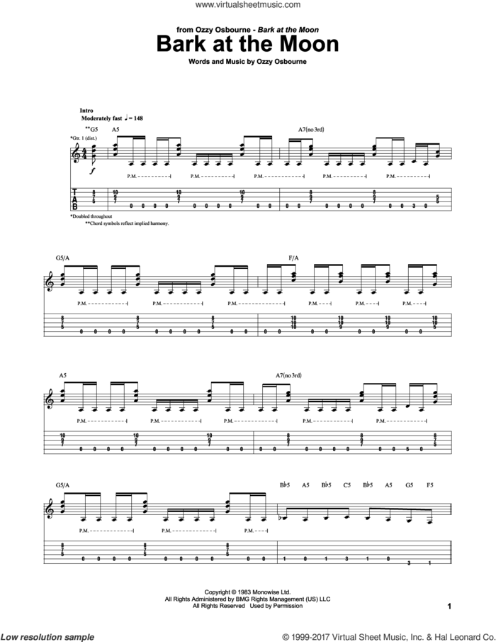 Bark At The Moon sheet music for guitar (tablature) by Ozzy Osbourne, intermediate skill level