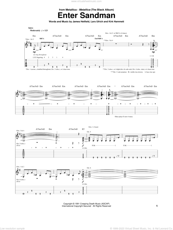 Enter Sandman sheet music for guitar (tablature) by Metallica, James Hetfield, Kirk Hammett and Lars Ulrich, intermediate skill level