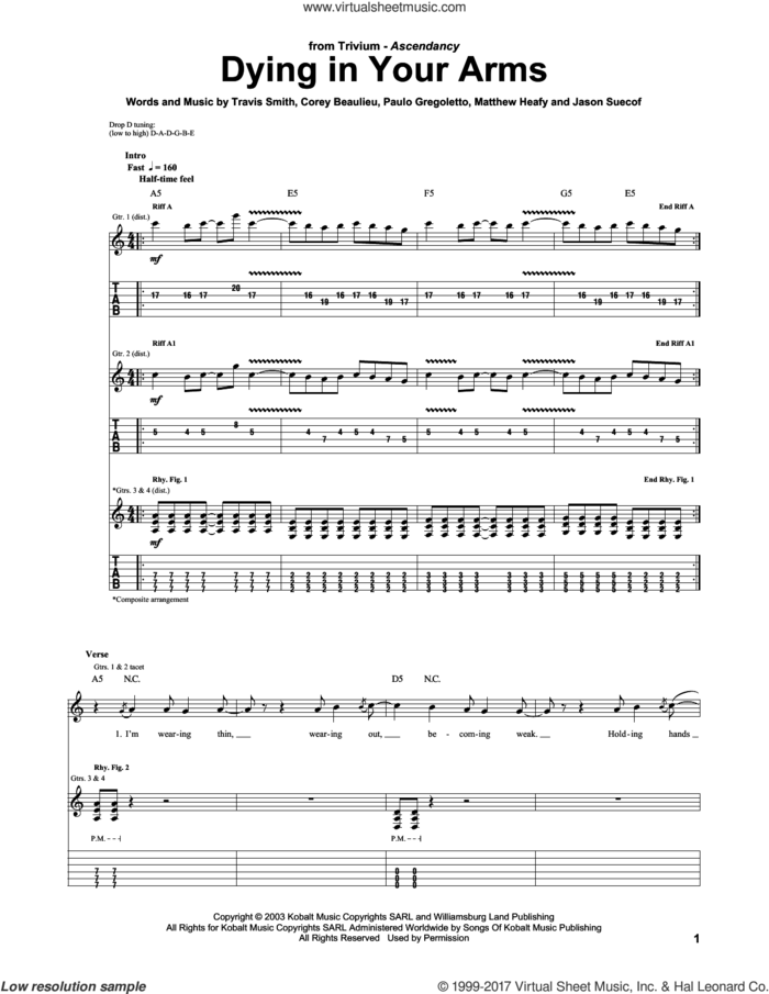 Dying In Your Arms sheet music for guitar (tablature) by Trivium, Corey Beaulieu, Jason Suecof, Matthew Heafy, Paulo Gregoletto and Travis Smith, intermediate skill level