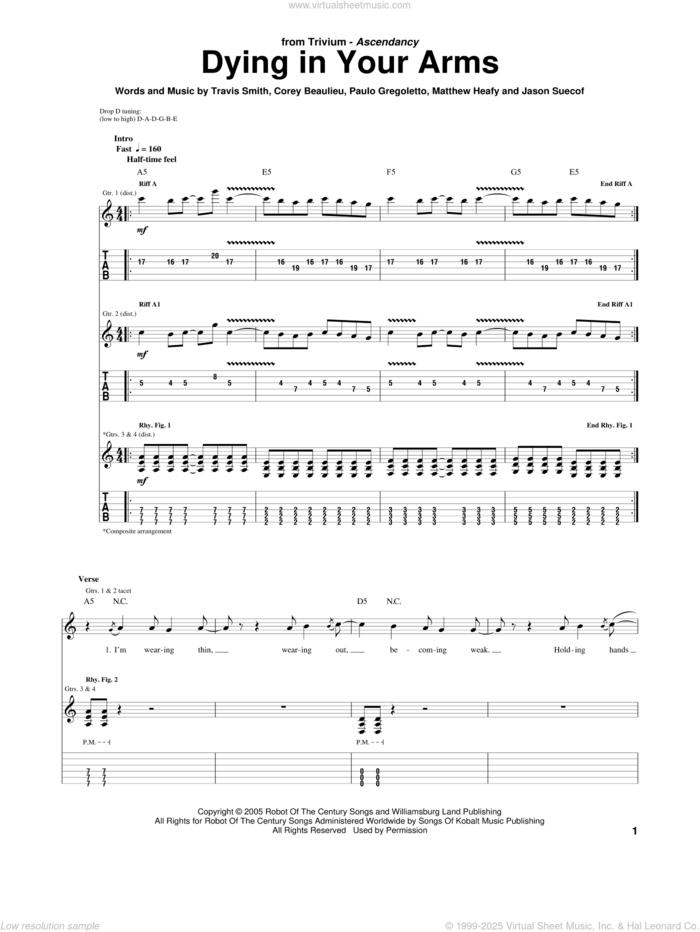 Dying In Your Arms sheet music for guitar (tablature) by Trivium, Corey Beaulieu, Jason Suecof, Matthew Heafy, Paulo Gregoletto and Travis Smith, intermediate skill level