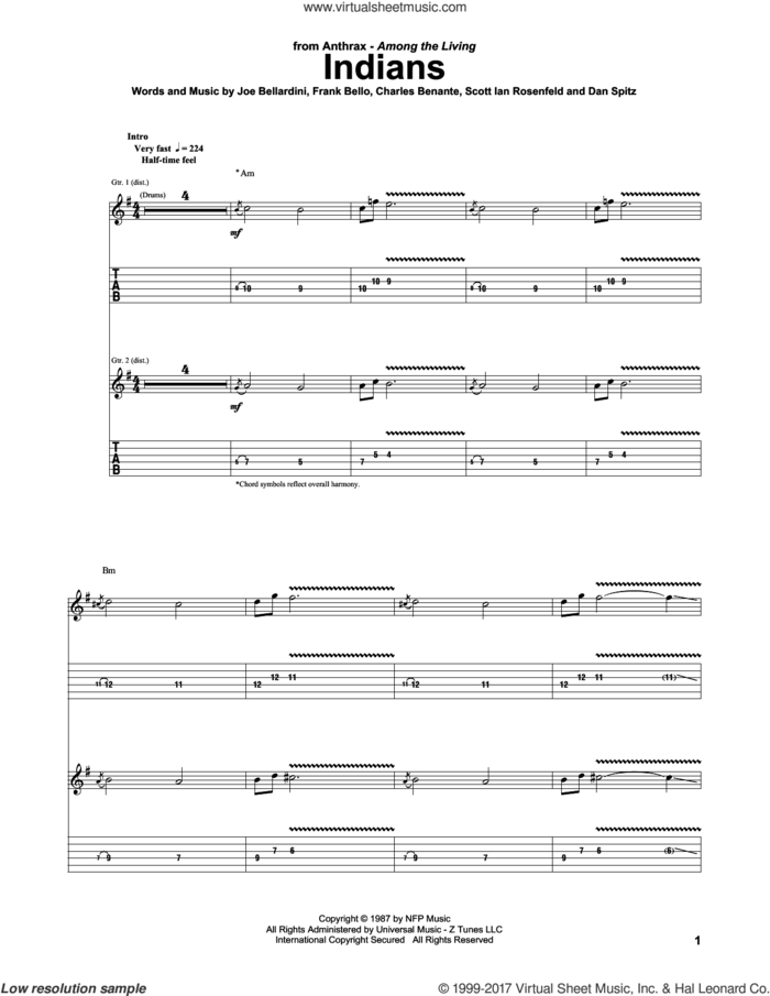Indians sheet music for guitar (tablature) by Anthrax, Charles Benante, Dan Spitz, Frank Bello, Joe Bellardini and Scott Rosenfeld, intermediate skill level