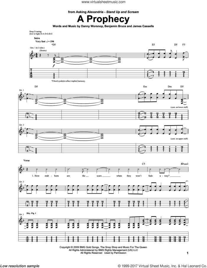 A Prophecy sheet music for guitar (tablature) by Asking Alexandria, Benjamin Bruce, Danny Worsnop and James Cassells, intermediate skill level
