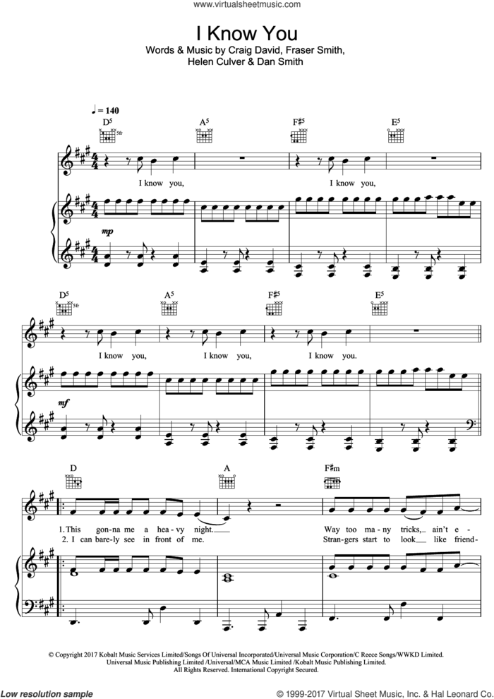 I Know You (featuring Bastille) sheet music for voice, piano or guitar by Craig David, Bastille, Dan Smith, Fraser T. Smith and Helen Culver, intermediate skill level