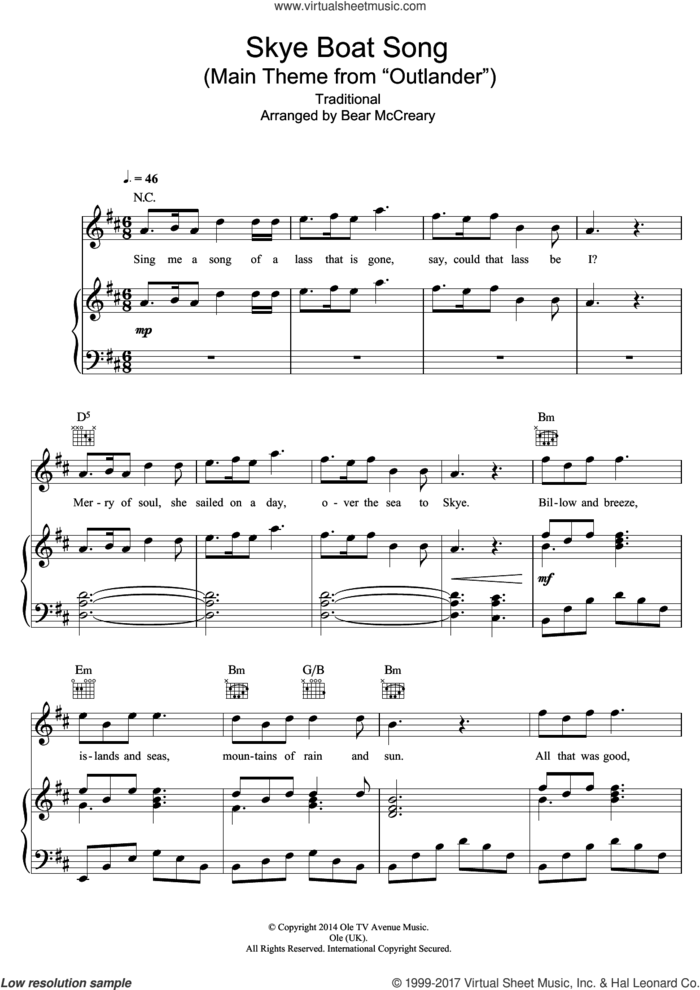 Skye Boat Song (Main Theme from Outlander) sheet music for voice, piano or guitar by Raya Yarbrough and Miscellaneous, intermediate skill level