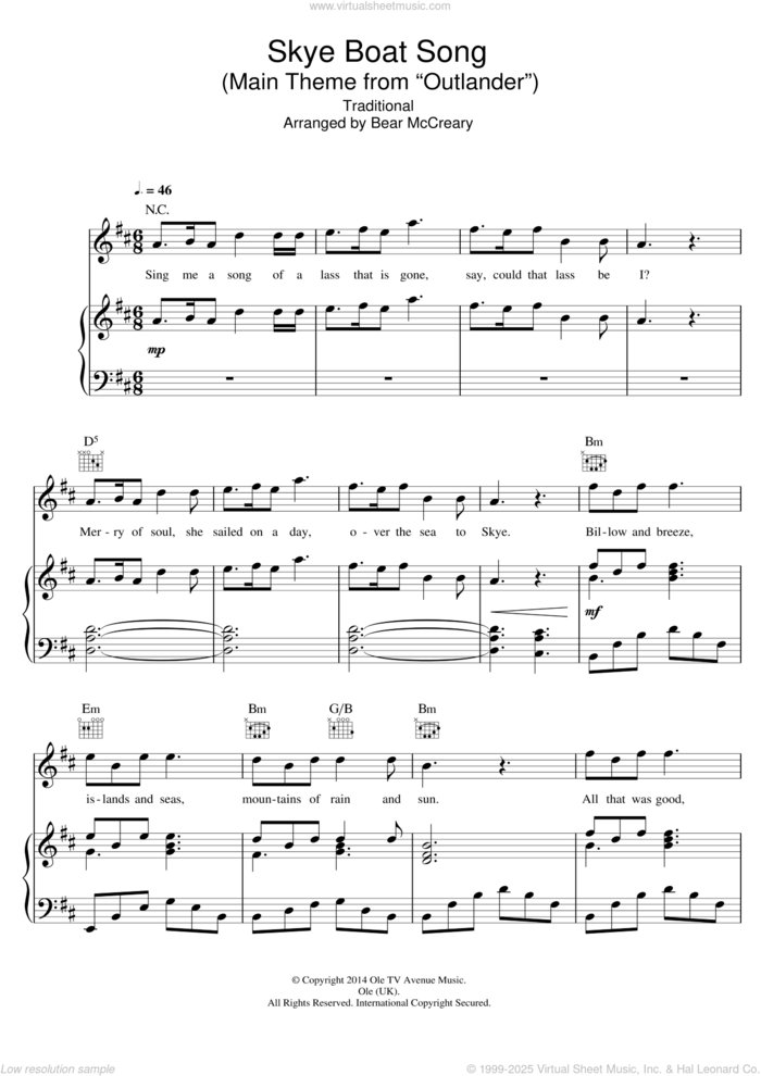 Skye Boat Song (Main Theme from Outlander) sheet music for voice, piano or guitar by Raya Yarbrough and Miscellaneous, intermediate skill level