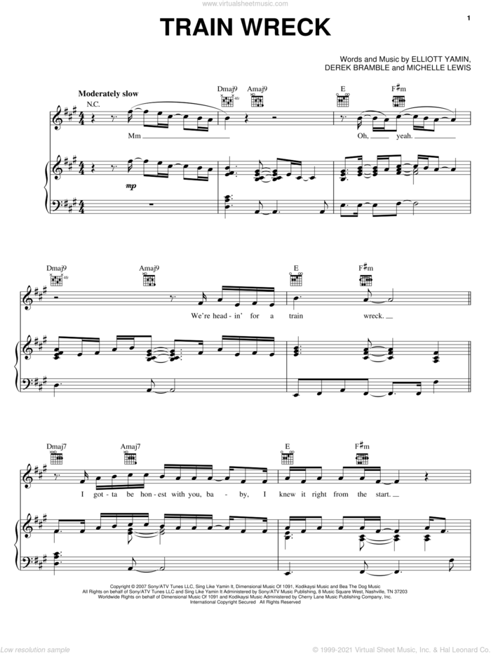 Train Wreck sheet music for voice, piano or guitar by Elliott Yamin, Derek Bramble and Michelle Lewis, intermediate skill level