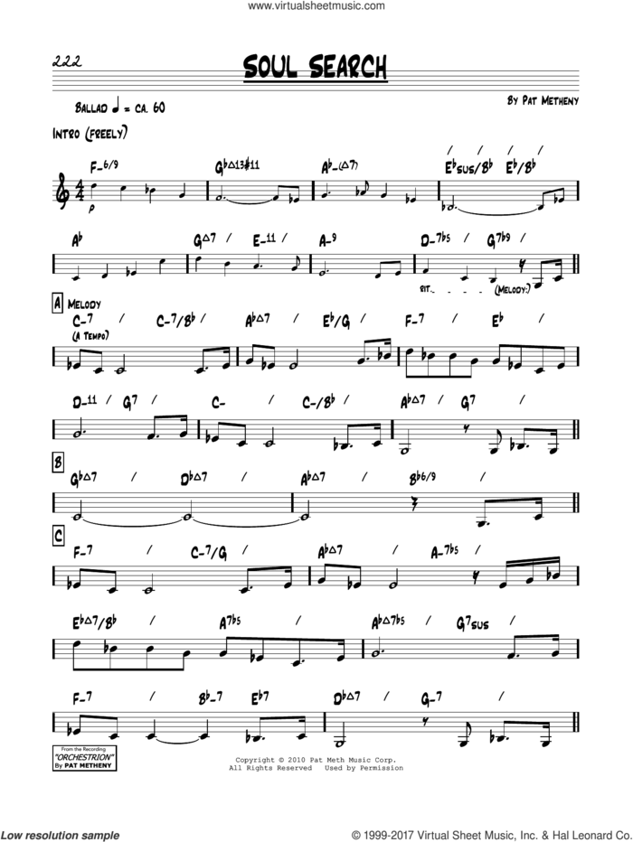 Soul Search sheet music for voice and other instruments (real book) by Pat Metheny, intermediate skill level