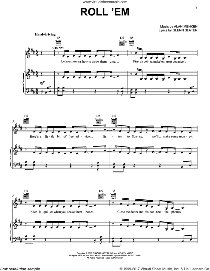 Roll 'Em sheet music for voice, piano or guitar by Alan Menken and Glenn Slater, intermediate skill level