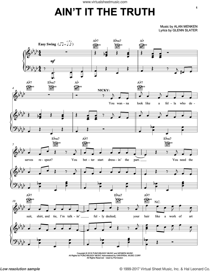 Ain't It The Truth sheet music for voice, piano or guitar by Alan Menken and Glenn Slater, intermediate skill level