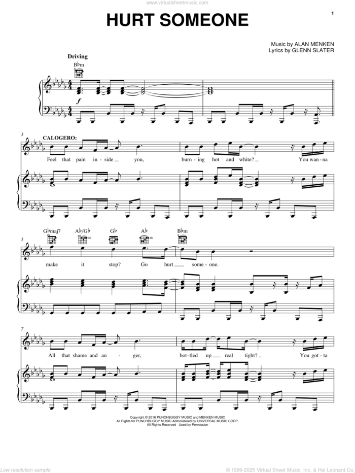 Hurt Someone sheet music for voice, piano or guitar by Alan Menken and Glenn Slater, intermediate skill level