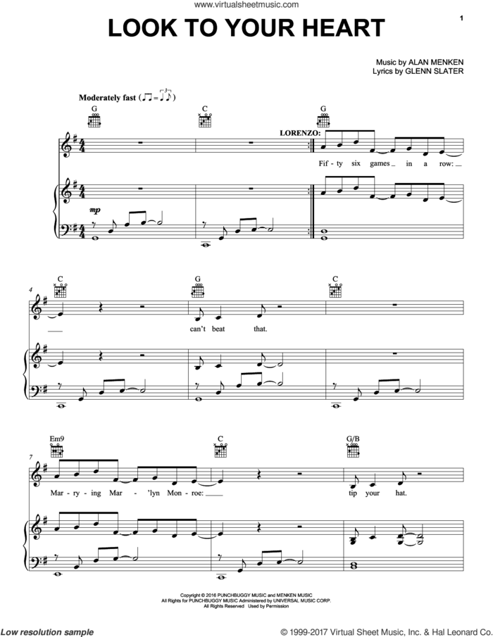 Look To Your Heart sheet music for voice, piano or guitar by Alan Menken and Glenn Slater, intermediate skill level