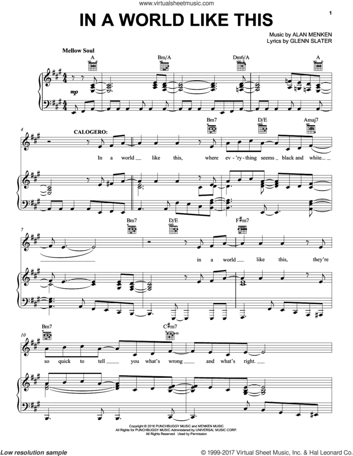 In A World Like This sheet music for voice, piano or guitar by Alan Menken and Glenn Slater, intermediate skill level