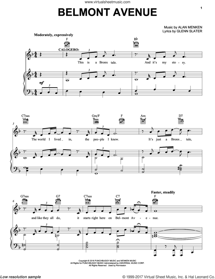 Belmont Avenue sheet music for voice, piano or guitar by Alan Menken and Glenn Slater, intermediate skill level