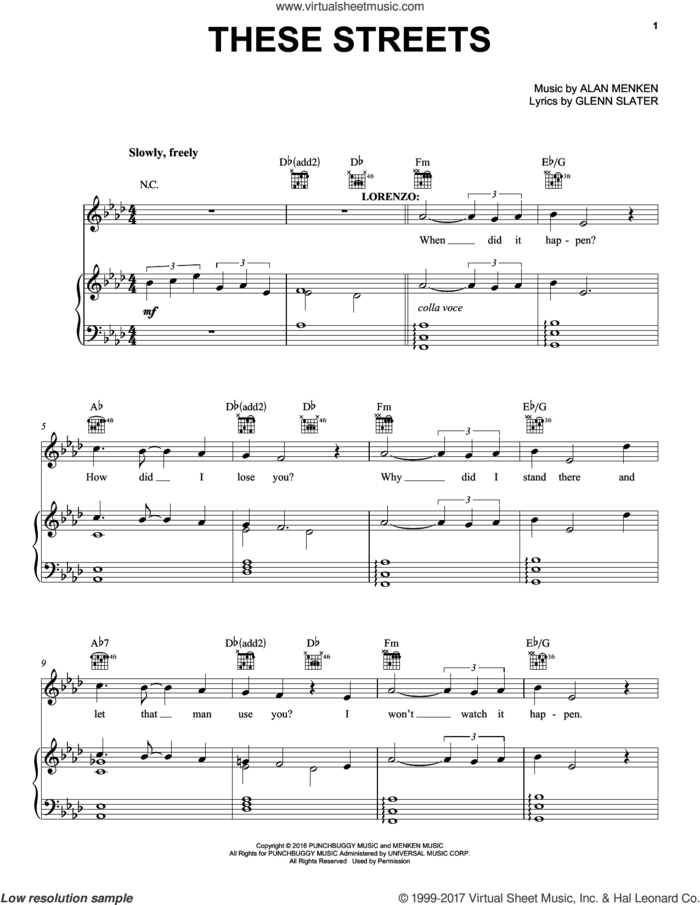These Streets sheet music for voice, piano or guitar by Alan Menken and Glenn Slater, intermediate skill level