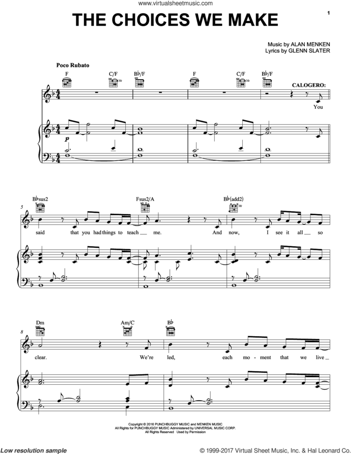 The Choices We Make sheet music for voice, piano or guitar by Alan Menken and Glenn Slater, intermediate skill level