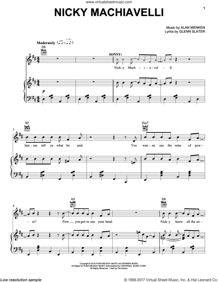 Nicky Machiavelli sheet music for voice, piano or guitar by Alan Menken and Glenn Slater, intermediate skill level