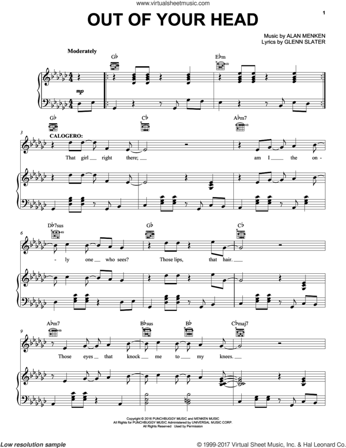 Out Of Your Head sheet music for voice, piano or guitar by Alan Menken and Glenn Slater, intermediate skill level