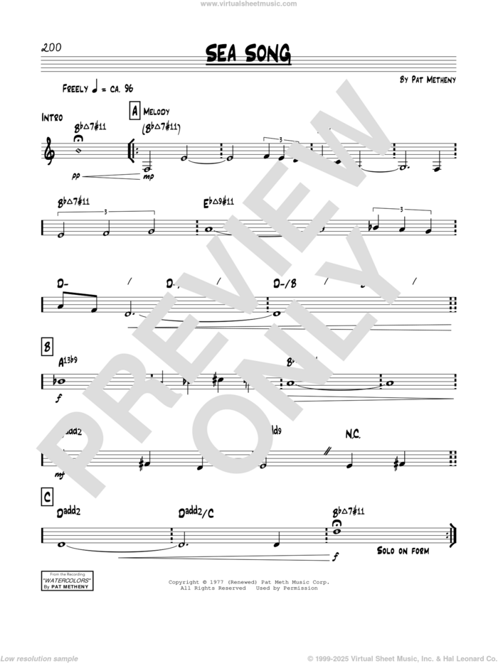 Sea Song sheet music for voice and other instruments (real book) by Pat Metheny, intermediate skill level