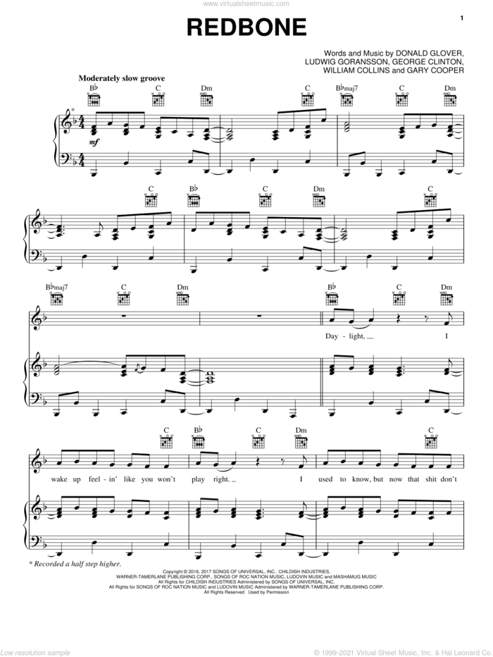 Redbone sheet music for voice, piano or guitar by Childish Gambino, Donald Glover, Gary Cooper, George Clinton, Ludwid Goransson and William Collins, intermediate skill level