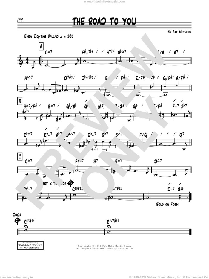 The Road To You sheet music for voice and other instruments (real book) by Pat Metheny, intermediate skill level