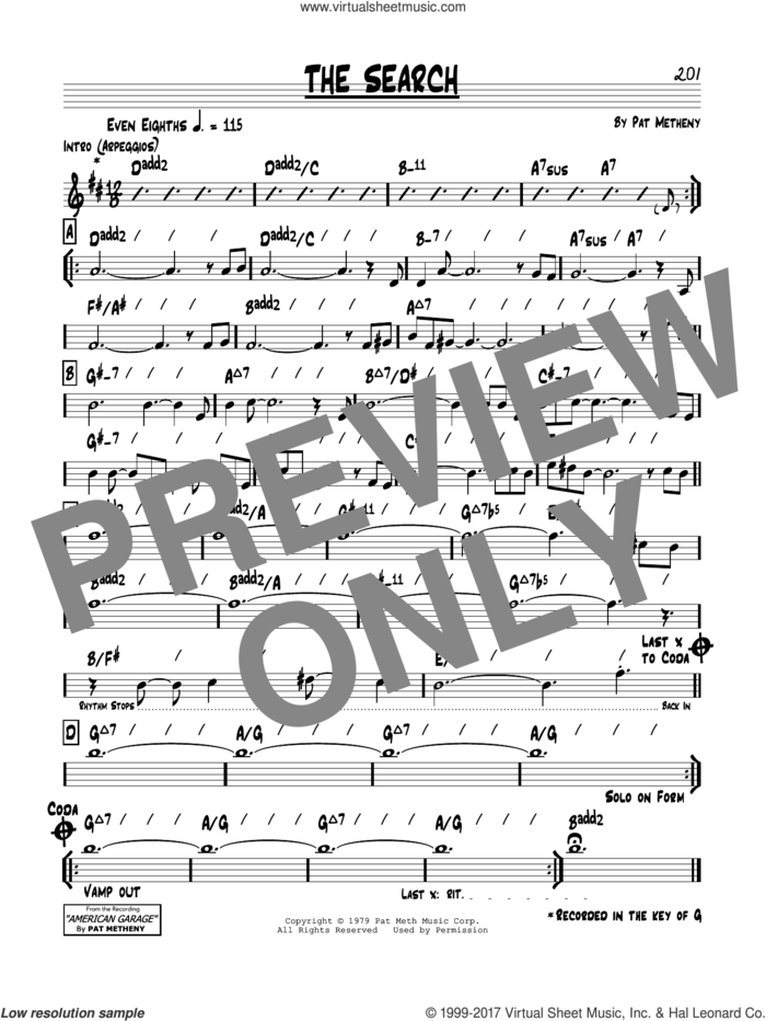 The Search sheet music for voice and other instruments (real book) by Pat Metheny, intermediate skill level