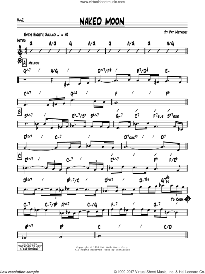 Naked Moon sheet music for voice and other instruments (real book) by Pat Metheny, intermediate skill level