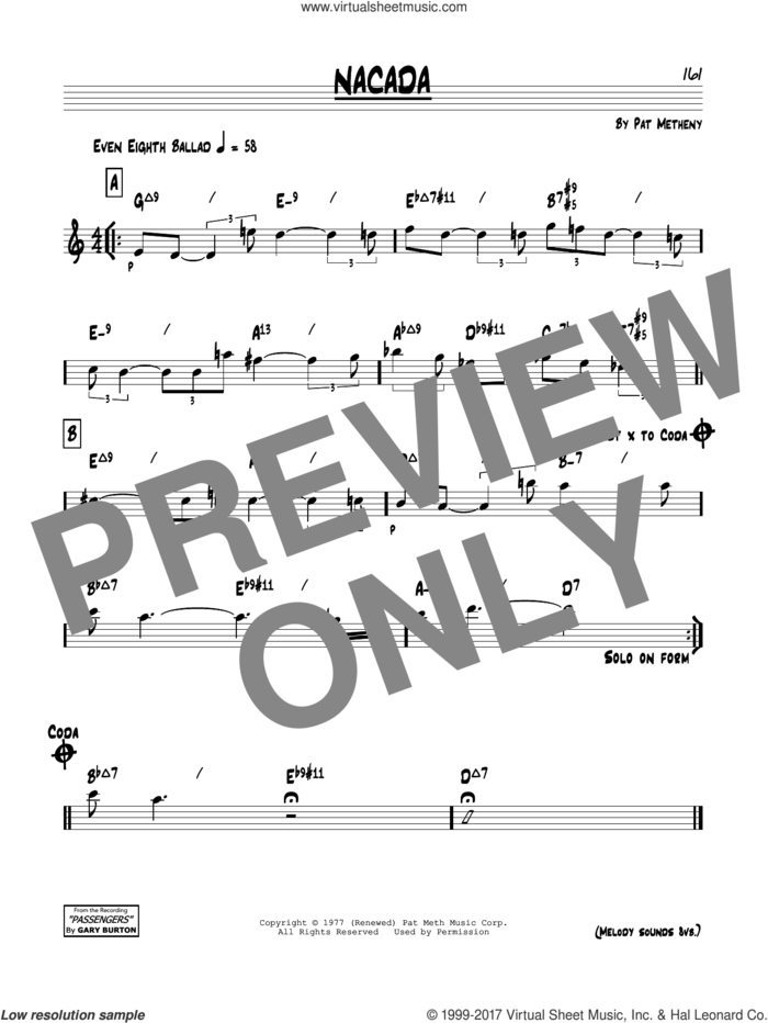Nacada sheet music for voice and other instruments (real book) by Pat Metheny, intermediate skill level