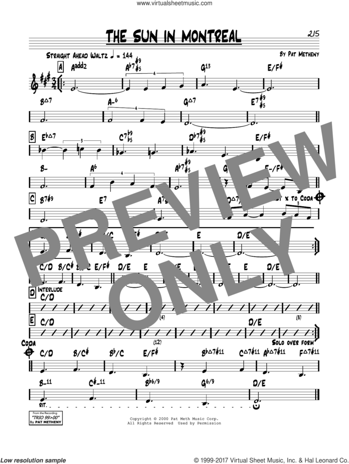 The Sun In Montreal sheet music for voice and other instruments (real book) by Pat Metheny, intermediate skill level