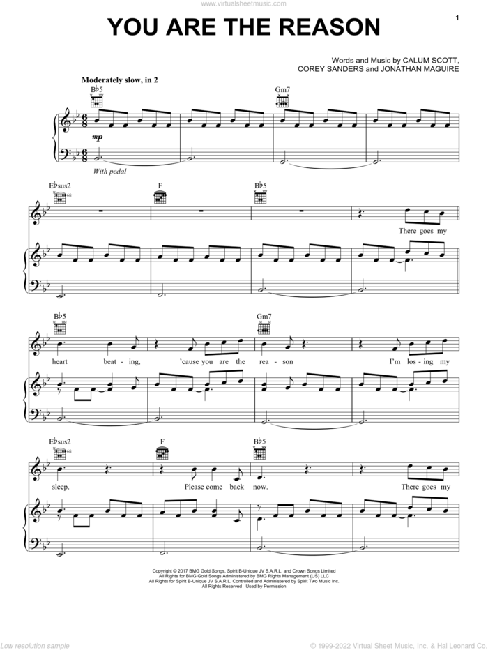 You Are The Reason sheet music for voice, piano or guitar by Calum Scott, Corey Sanders and Jon Maguire, intermediate skill level