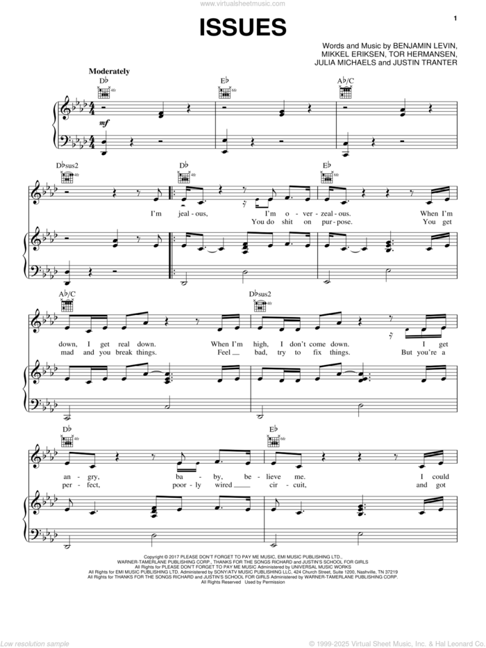 Issues sheet music for voice, piano or guitar by Julia Michaels, Benjamin Levin, Justin Tranter, Mikkel Eriksen and Tor Erik Hermansen, intermediate skill level