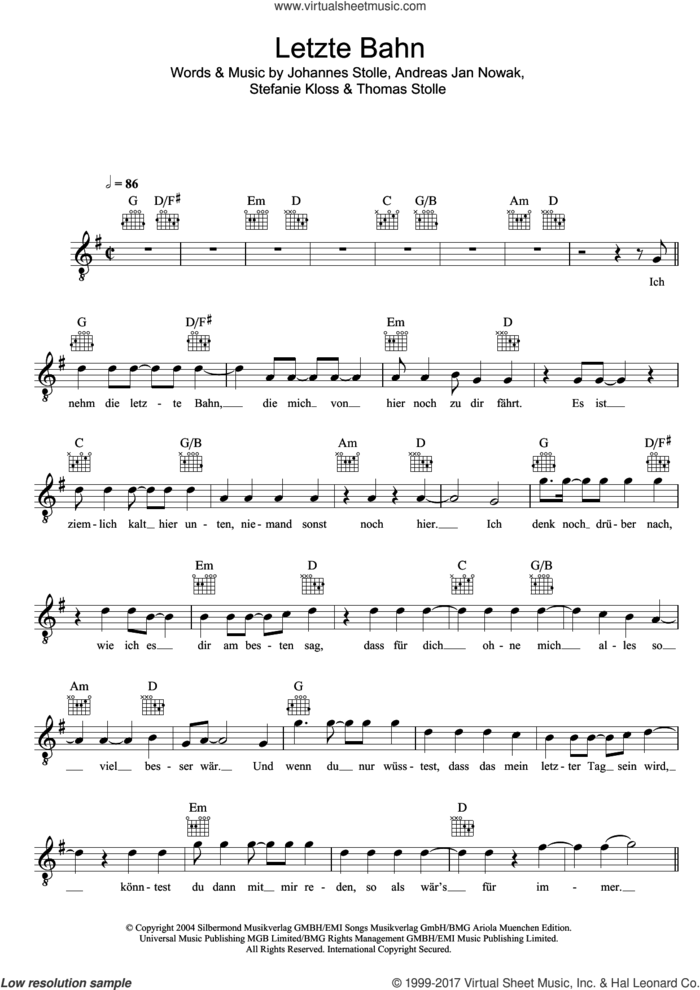 Letzte Bahn sheet music for voice and other instruments (fake book) by Silbermond, Andreas Jan Nowak, Johannes Stolle, Stefanie Kloss and Thomas Stolle, intermediate skill level