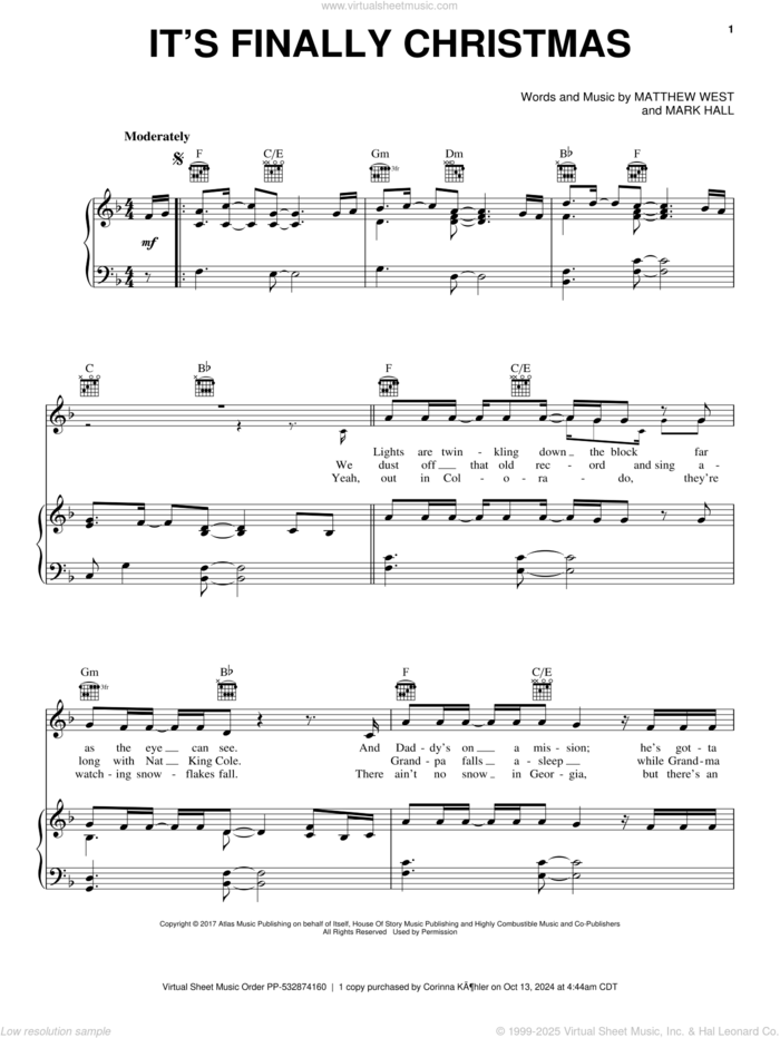 It's Finally Christmas sheet music for voice, piano or guitar by Casting Crowns, Mark Hall and Matthew West, intermediate skill level