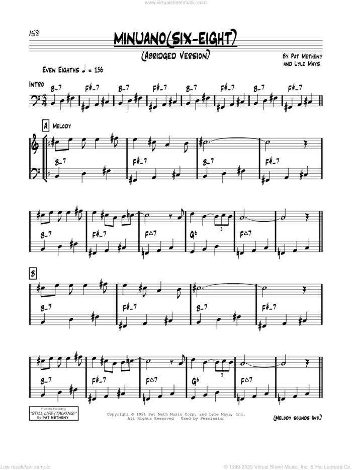 Minuano (Six-Eight) sheet music for voice and other instruments (real book) by Pat Metheny and Lyle Mays, intermediate skill level
